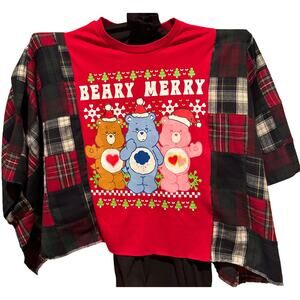 NWOT Christmas Flannel upcycled poncho Care Bears. One-Size fits S-3X